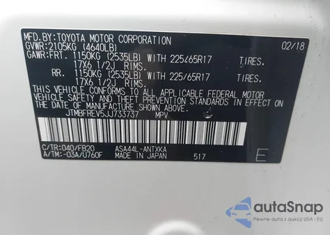 2018 Toyota Rav4 Le z USA, uszkodzony, nr VIN JTMBFREV5JJ733737